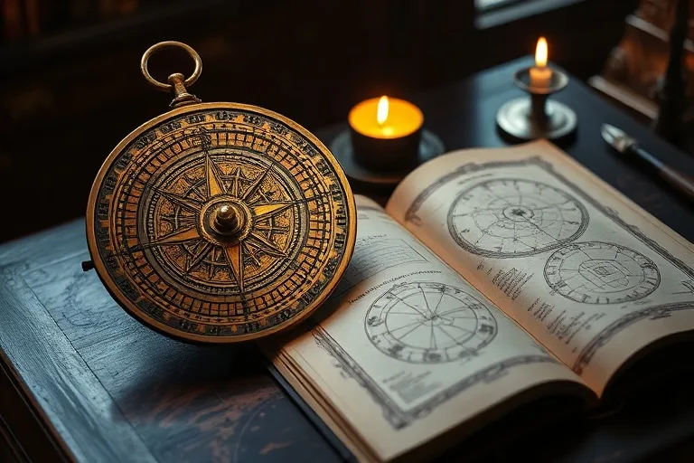 Antiguo astrolabio y libro de cartas celestes en un ambiente de estudio