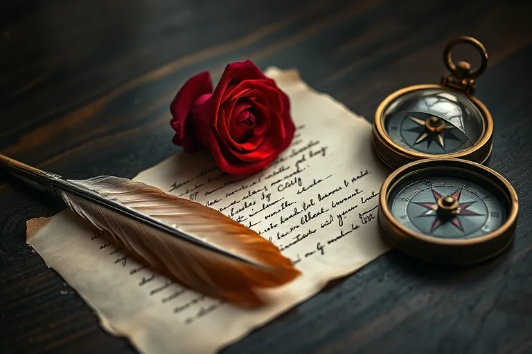 Fotografía macro de una pluma antigua sobre una carta, junto a una rosa y una brújula, simbolizando comunicación, amor y dirección.