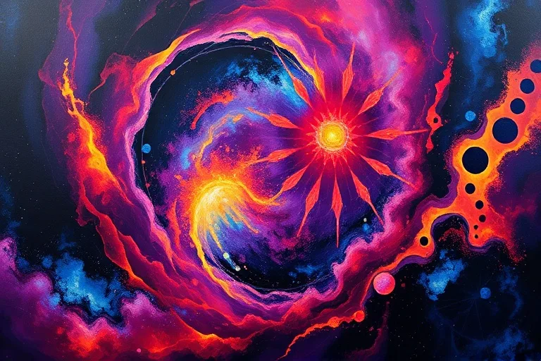 Pintura al óleo abstracta con remolinos de colores intensos, simbolizando la energía y el dinamismo de los tránsitos planetarios.