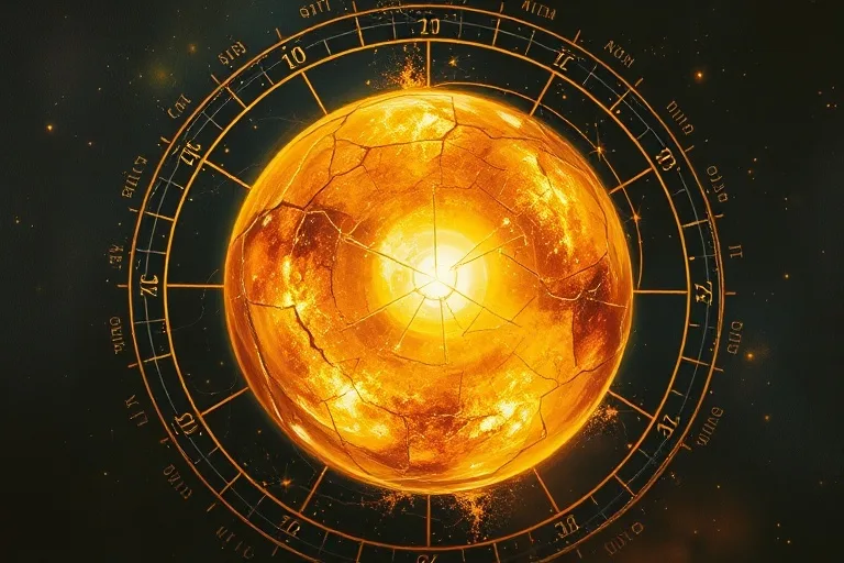 Pintura al óleo abstracta de una esfera de cristal resquebrajada con luz dorada emanando de las grietas, simbolizando la sanación y la integración de las heridas.