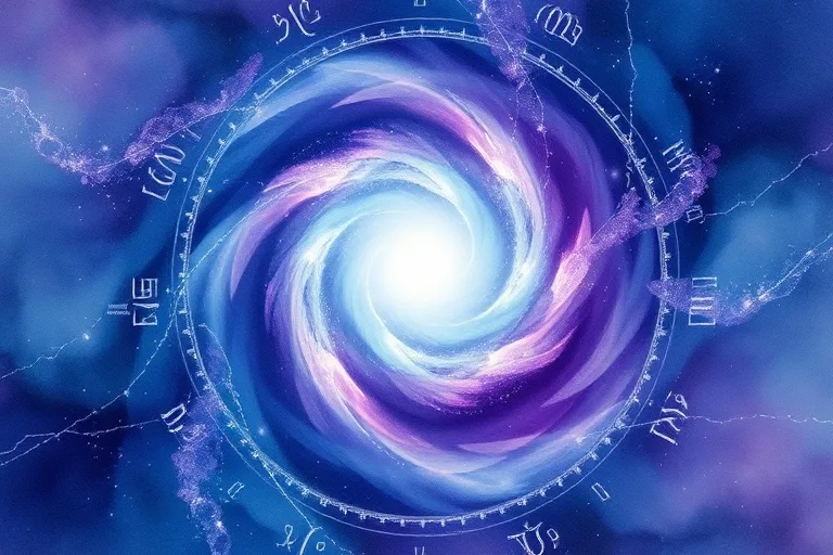 Pintura abstracta de acuarela, vórtice azul y púrpura con luz blanca central.