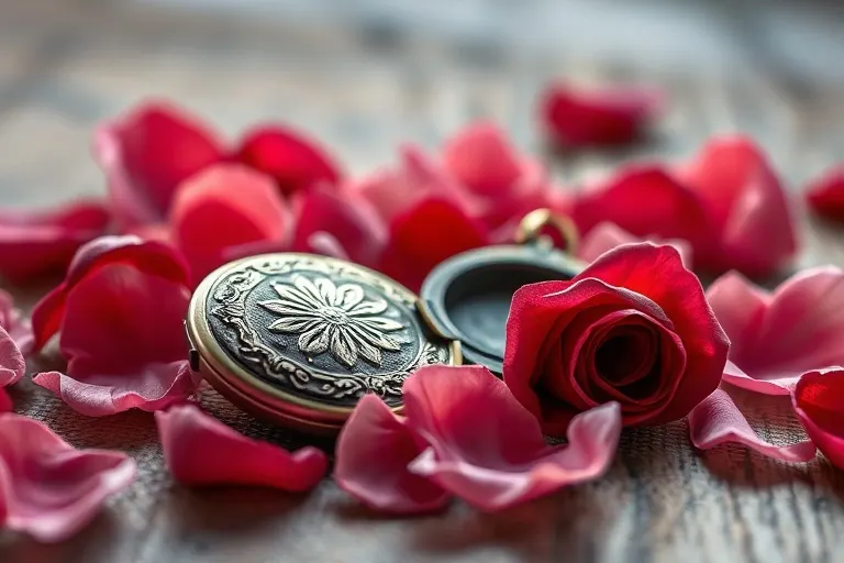 Fotografía de bodegón de un locket antiguo con pétalos de rosa, simbolizando el amor y la nostalgia en las relaciones.