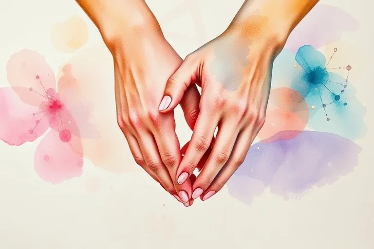 Pintura acuarela abstracta de manos entrelazadas, simbolizando la conexión y armonía en las relaciones humanas.