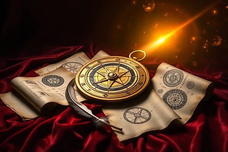 Antiguo astrolabe de latón sobre terciopelo, rodeado de pergaminos con símbolos astrológicos y una pluma, iluminado por un rayo de luz dorado.