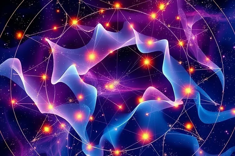 Formas geométricas abstractas que fluyen y se interconectan con gradientes de azules, púrpuras y oros, simbolizando crecimiento y expansión.