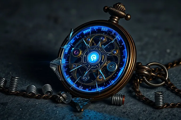 Fotografía cinemática de un reloj roto sobre concreto, con engranajes expuestos y luz azul eléctrica.