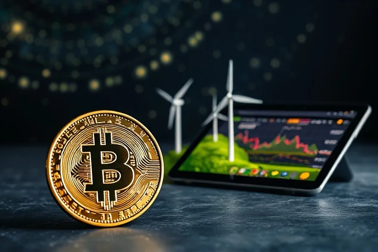 Bodegón con una criptomoneda brillante, un campo en miniatura con turbinas eólicas y gráficos financieros en una tablet.