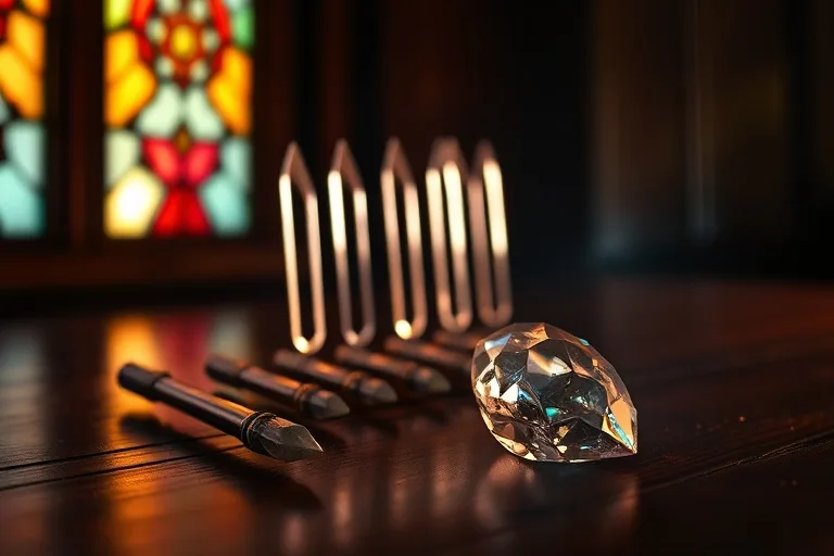 Fotografía cinematográfica de una colección de diapasones terapéuticos sobre una superficie de madera, junto a un cristal.