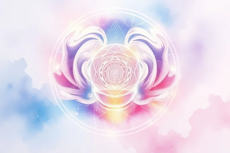 Acuarela abstracta que representa el flujo de energía vibracional a través del cuerpo humano con colores suaves y degradados.