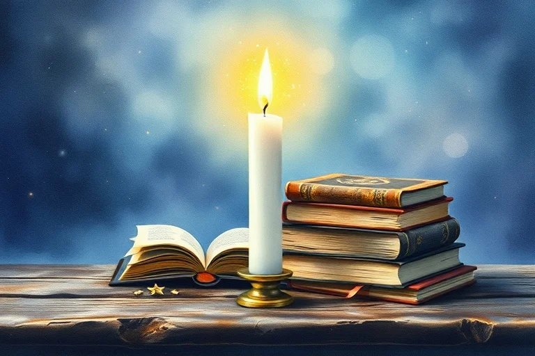 Pintura acuarela de libros antiguos y una vela blanca sobre una mesa rústica.