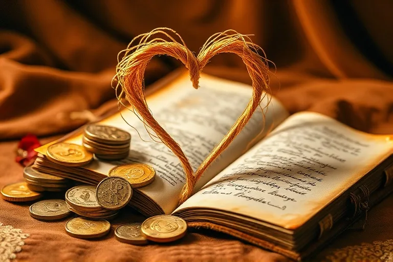 Hilos dorados entrelazados formando un corazón, con monedas antiguas y un diario abierto, simbolizando el amor y los valores.