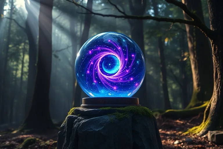 Una bola de cristal brillante sobre un pedestal de piedra en un bosque, con un vórtice púrpura y azul en su interior, simbolizando la introspección.