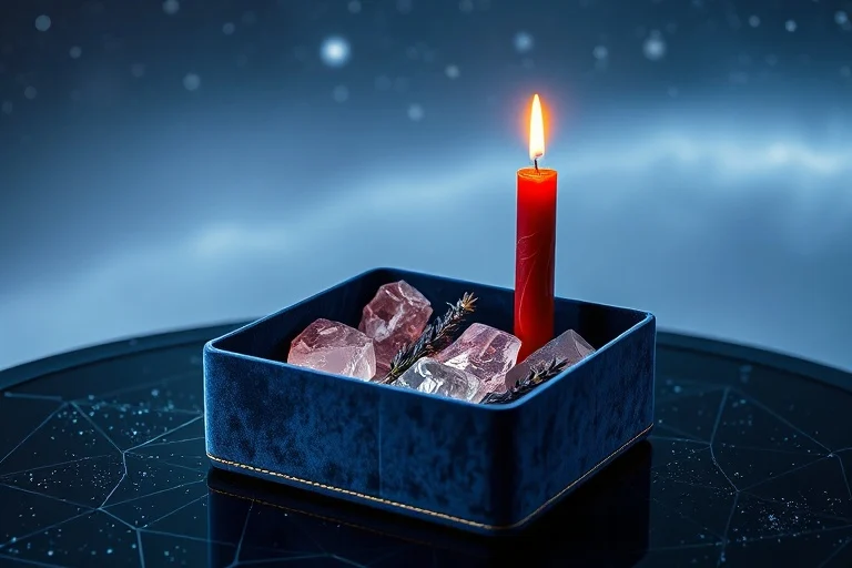Caja de terciopelo abierta con cristales de cuarzo rosa, lavanda seca y una vela roja, simbolizando elementos para rituales de amor.