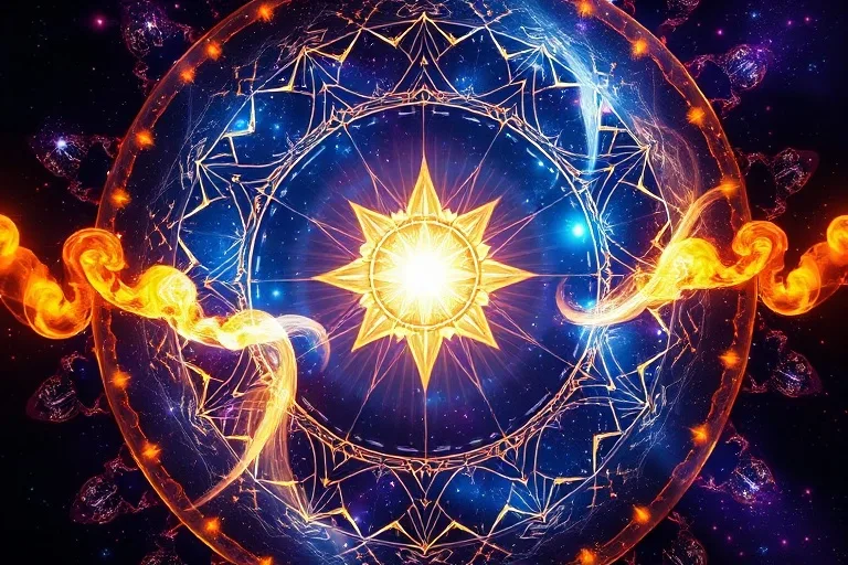 Dos corrientes de energía abstractas y luminosas, una dorada y otra plateada, entrelazándose y convergiendo en un punto brillante de luz. Un vórtice de azules y púrpuras profundos en el fondo, sugiriendo una danza cósmica del destino.