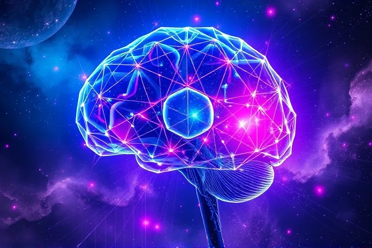 Ilustración 3D de un cerebro estilizado con líneas de energía luminosas, representando la conciencia expandida.