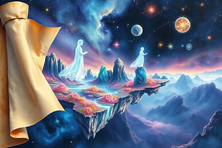 Pintura de acuarela de un pergamino antiguo que se despliega para revelar un paisaje onírico de islas flotantes y figuras translúcidas.