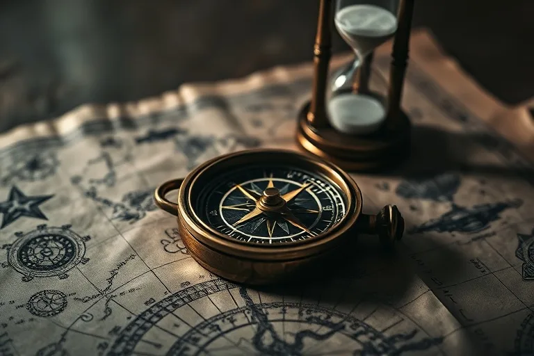 Fotografía cinematográfica de una brújula antigua sobre un mapa estelar desgastado, con un reloj de arena marcando el tiempo en segundo plano, simbolizando la dirección y el paso de las eras.