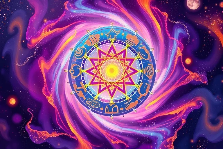 Pintura abstracta de un vórtice de colores vibrantes con formas geométricas y glifos astrológicos, simbolizando el flujo kármico.