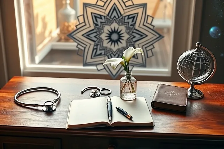 Escritorio organizado con instrumentos médicos y lirio blanco, simbolizando el servicio y la meticulosidad de Virgo