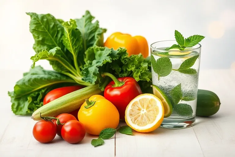 Pintura acuarela de un bodegón con verduras orgánicas frescas y un vaso de agua infusionada, representando una dieta limpia y saludable para Virgo.