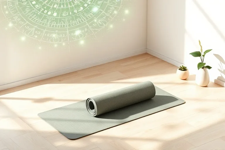 Ilustración 3D isométrica de un espacio de meditación con una esterilla de yoga, patrones energéticos y difusor de aromas, simbolizando prácticas terapéuticas para el equilibrio de Virgo.
