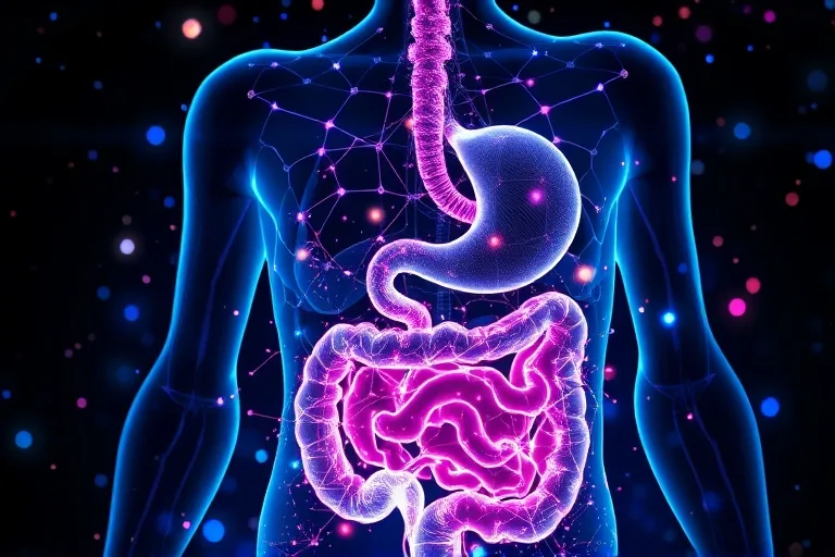 Ilustración 3D de un sistema digestivo y neural interconectado, representando la complejidad de la salud interna.