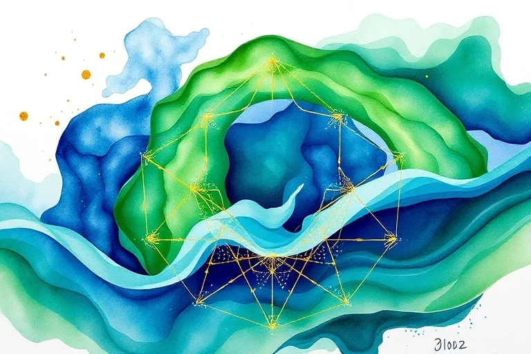 Acuarela abstracta con ondas verdes y azules, líneas geométricas y puntos de luz dorada, simbolizando armonía y energía vital.
