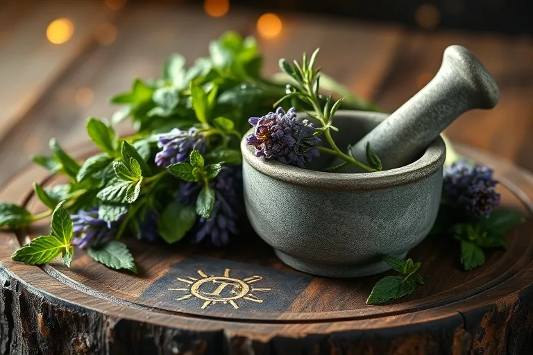 Close-up macro shot of organic herbs on a rustic wooden board with mortar and pestle. Cinematic Still Life.