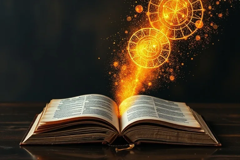 Libro antiguo abierto con páginas transformándose en polvo dorado que forma símbolos de éxito y abundancia sobre una mesa de madera.