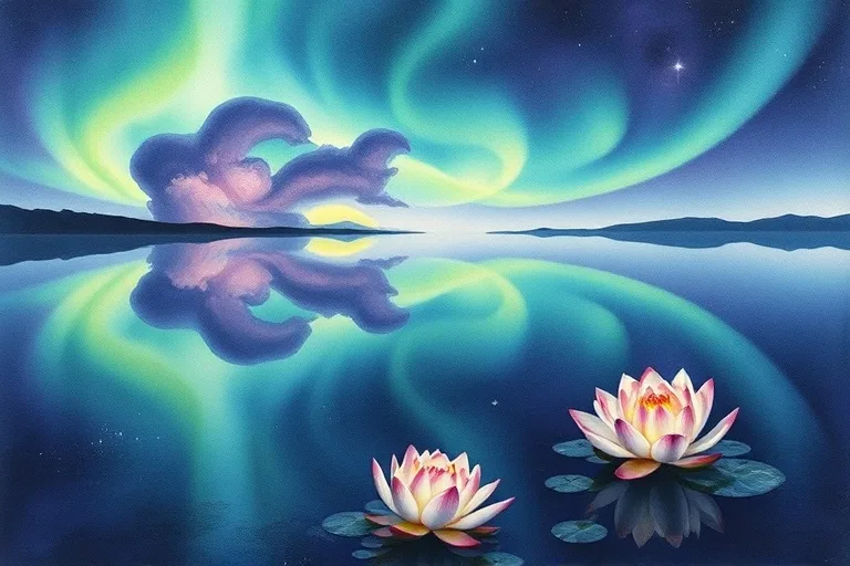 Pintura de acuarela de un lago tranquilo que refleja una aurora boreal vibrante, con flores de loto en primer plano.