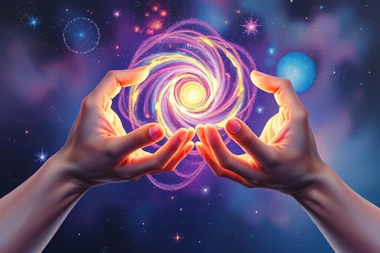 Pintura al óleo abstracta de dos manos translúcidas que se extienden una hacia la otra, con un vórtice de luz vibrante entre ellas, simbolizando una conexión kármica o un encuentro predestinado.