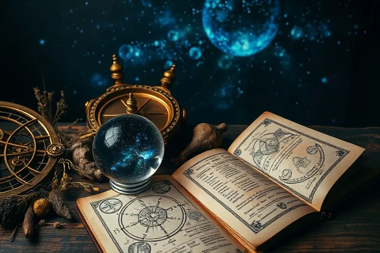 Astrolabio antiguo sobre una mesa de madera, rodeado de hierbas secas, una bola de cristal reflejando un cielo estrellado y un grimorio abierto con cartas astrológicas. Fotografía vintage.