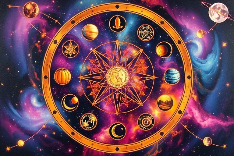 Pintura al óleo de la Rueda del Año, con motivos estacionales de los Sabbats que se fusionan con un fondo cósmico de nebulosas y planetas. Estilo abstracto y vibrante.