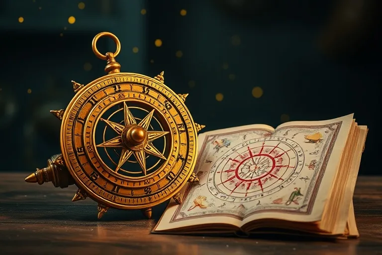 Manuscrito védico y astrolabe antiguo