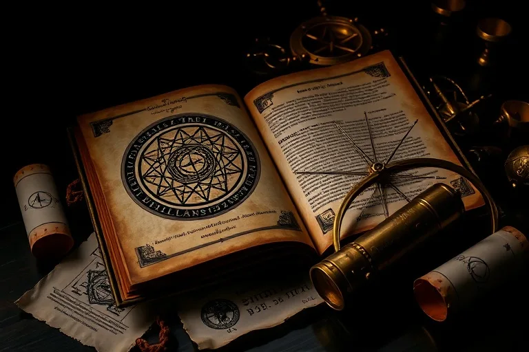 Un libro antiguo con el Árbol de la Vida grabado, junto a un astrolabio y pergaminos con símbolos cósmicos.