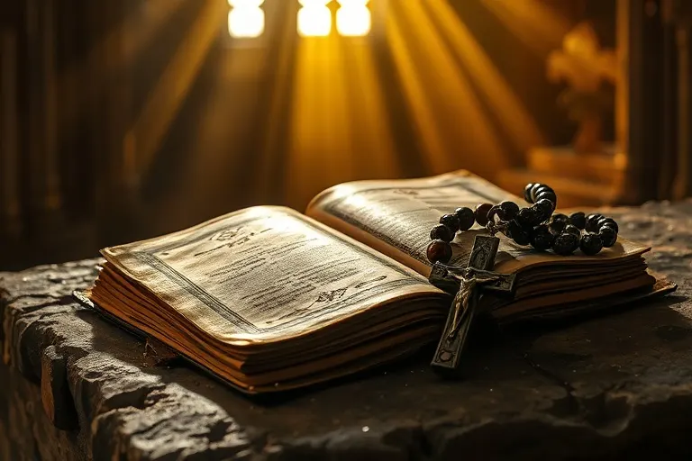Un antiguo libro de oraciones y un rosario sobre un altar, simbolizando la devoción y la intercesión.