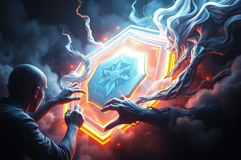 Un escudo abstracto de luz y energía, repeliendo fuerzas oscuras, simbolizando la defensa espiritual.