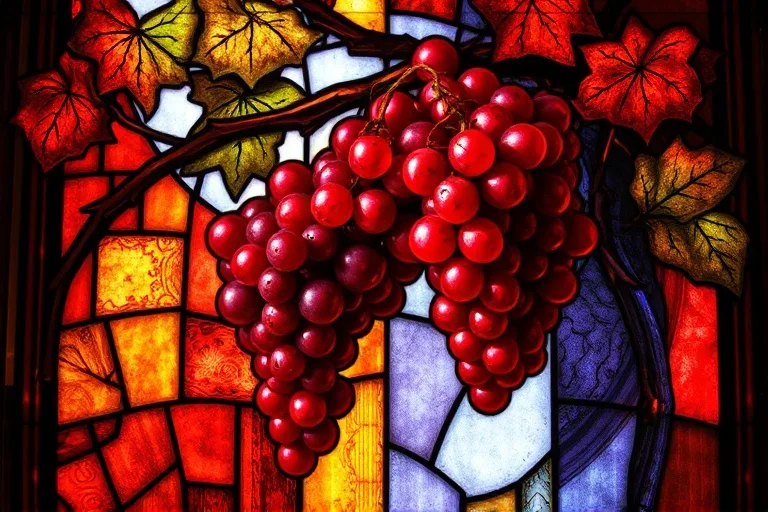 Vid de uvas rojas entrelazada con espinas, en estilo de vitral, simbolizando el sacrificio de Cristo y la vida nueva.