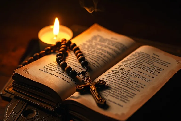 Rosario antiguo sobre un libro de oraciones, iluminado por una vela, simbolizando la devoción.