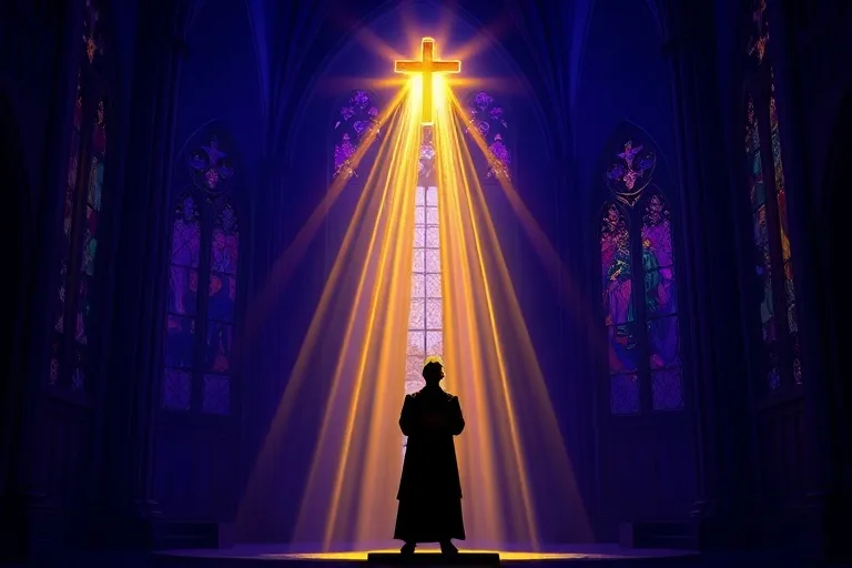Ilustración digital estilo vitral de tres rayos de luz dorada que descienden sobre una silueta humana, simbolizando la gracia divina.