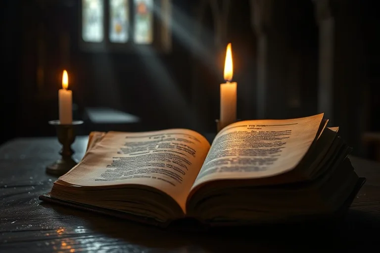 Fotografía macro de un antiguo libro de oraciones abierto con una vela encendida a su lado en un escritorio de madera.