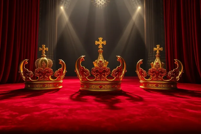 Pintura al óleo de tres coronas doradas sobre terciopelo rojo, simbolizando poder, sabiduría y amor.