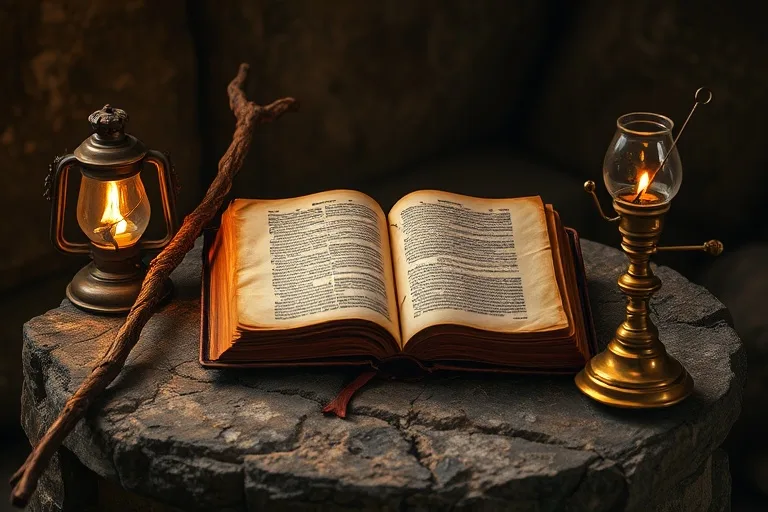 Antigua Biblia abierta en Génesis sobre un altar de piedra, con un bastón de pastor y una lámpara de aceite.