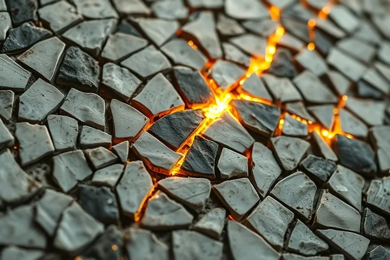 Mosaico de piezas de cerámica rotas reensambladas en un patrón hermoso, unidas por hilos de luz.