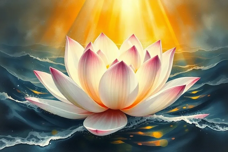 Ilustración acuarela de una flor de loto emergiendo de aguas turbulentas, con luz dorada, simbolizando resiliencia y esperanza espiritual.