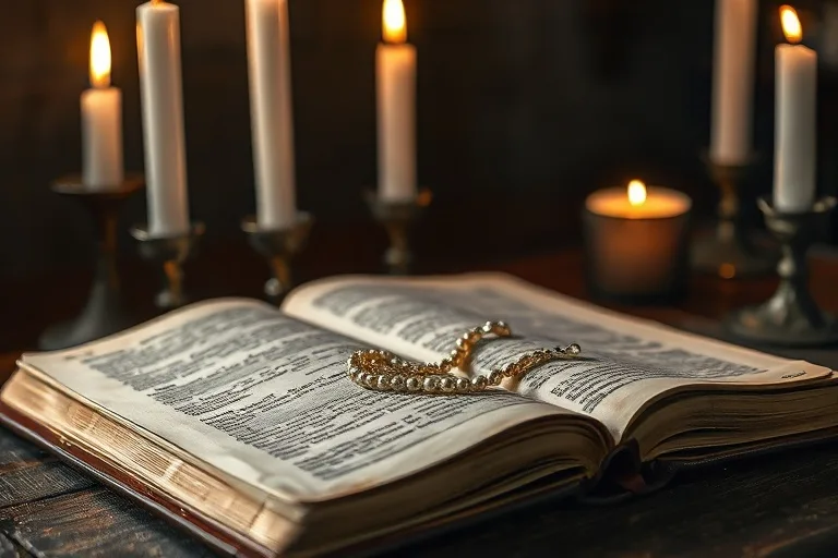Una Biblia antigua abierta con velas y un rosario sobre una mesa de madera, simbolizando la guía espiritual.