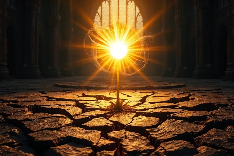 Ilustración conceptual de una semilla brillante brotando de tierra agrietada, rodeada de patrones abstractos, simbolizando crecimiento y renovación divina.