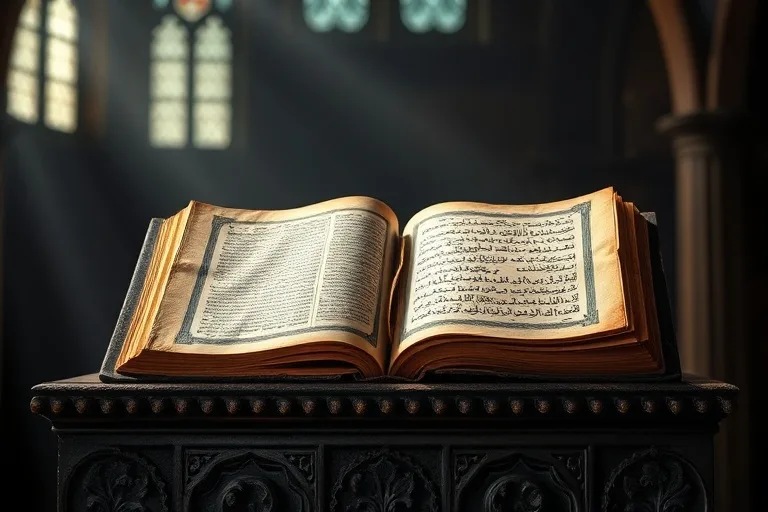 Libros sagrados cristianos e islámicos abiertos sobre un atril antiguo.