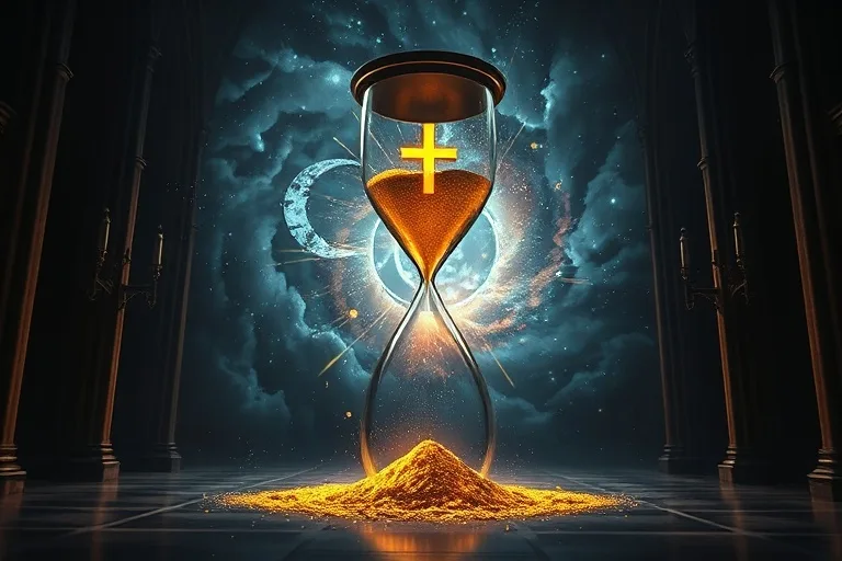 Reloj de arena roto y símbolos religiosos en un vórtice cósmico.