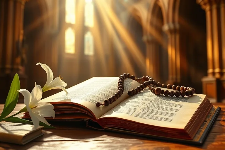 Rosario antiguo de madera y libro de oraciones abierto, iluminados por una luz dorada, con una delicada azucena a un lado, simbolizando la devoción y la pureza espiritual.
